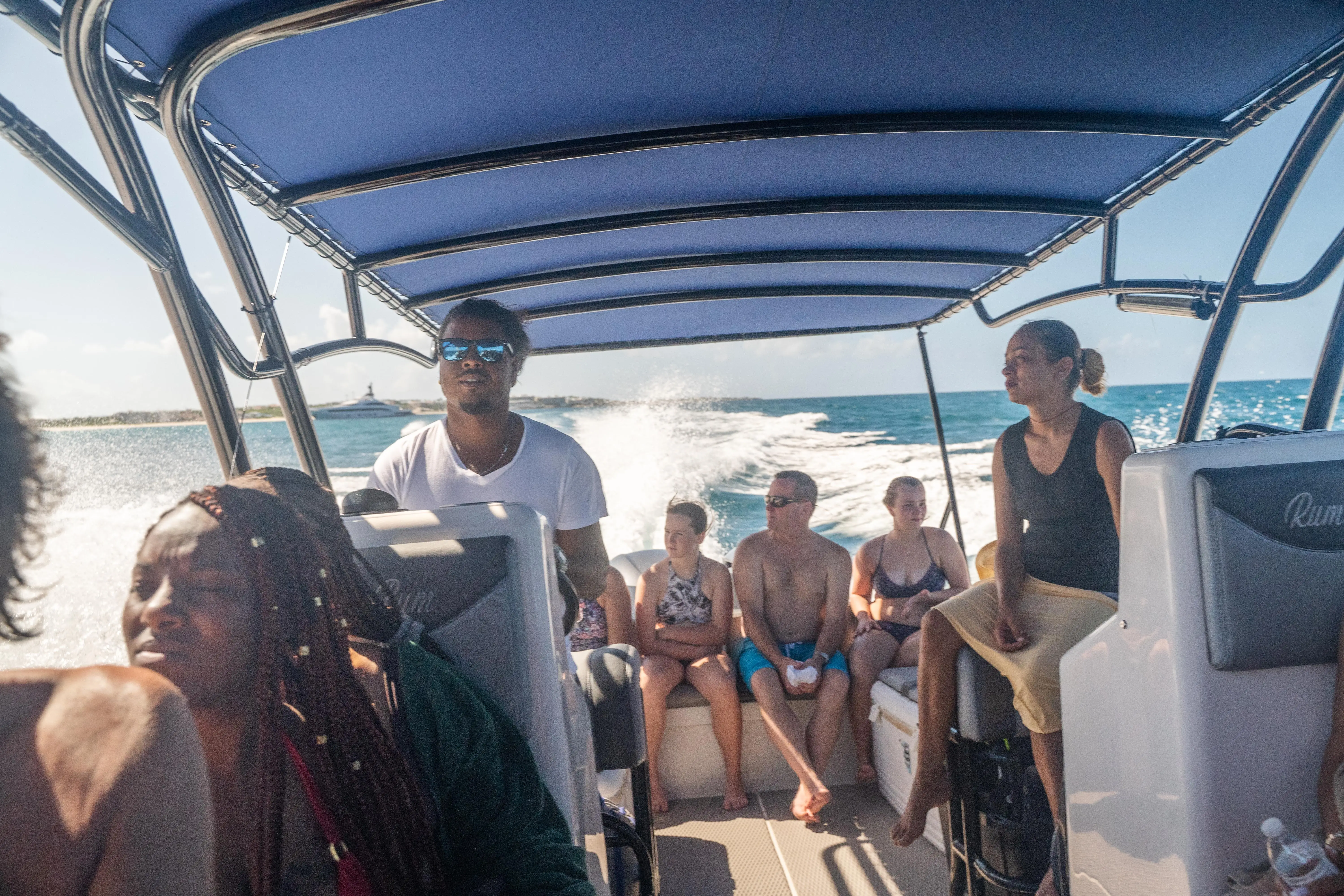 Boat crew and guests enjoying a day on the Caribbean Sea