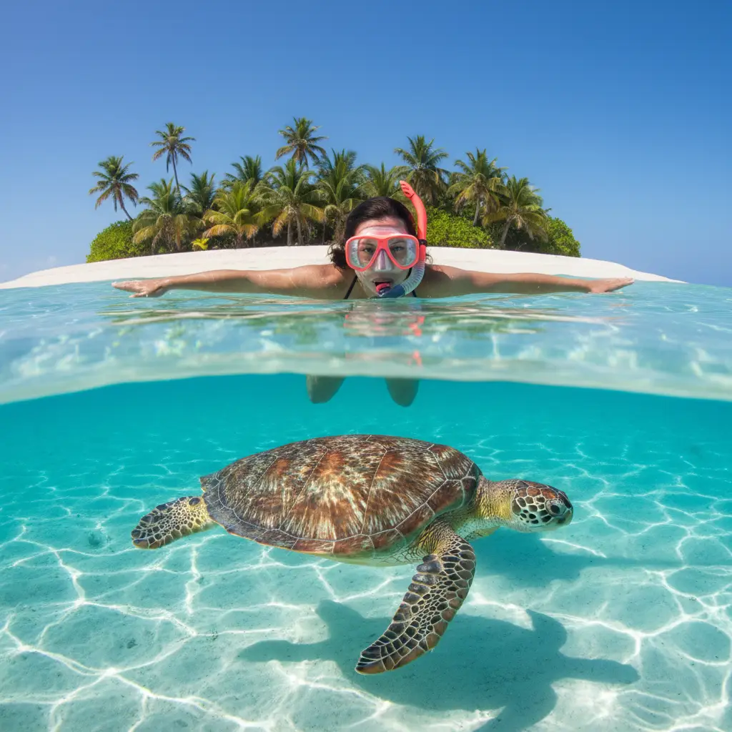 Snorkeler floating above a sea turtle in clear water near Sandy Island