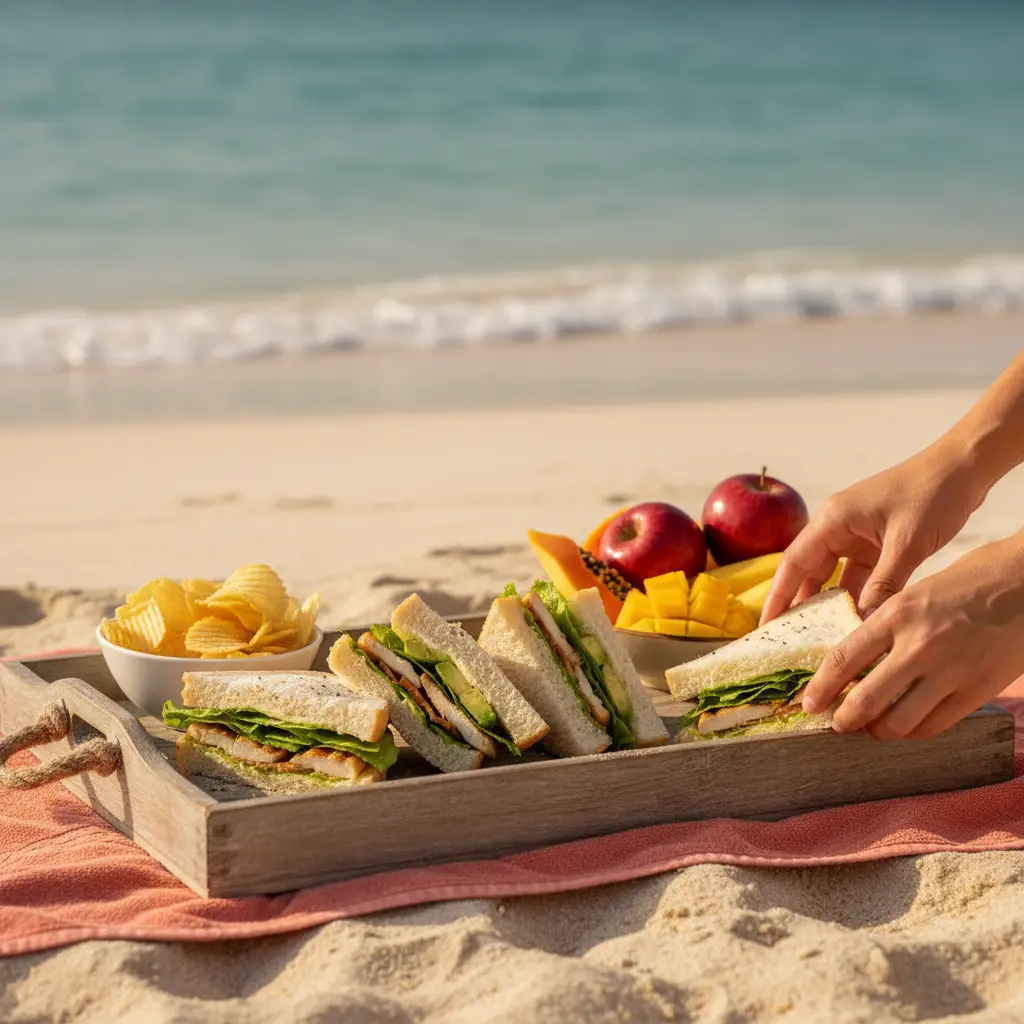 Fresh sandwiches, fruit and chips served on a Caribbean beach